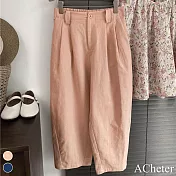 【ACheter】 寬鬆棉麻哈倫褲百搭顯瘦後鬆緊腰純色休閒九分褲# 116484 XL 粉紅色
