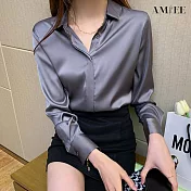 【AMIEE】輕熟高雅緞面襯衫(KDTY-8177) L 灰色