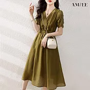【AMIEE】優雅顯瘦氣質連身裙(KDDY-3075) L 卡其