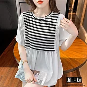 【Jilli~ko】條紋蕾絲拼接圓領寬版娃娃衫 J10197 FREE 白色