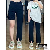 【Jilli~ko】中腰顯瘦開衩設計工作休閒直筒褲 L-2XL J10053 XL 黑色