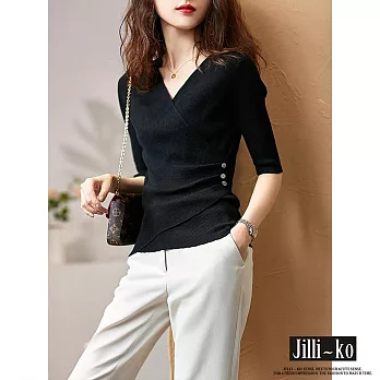 【Jilli~ko】V領時尚優雅束腰五分袖針織衫 J10077  FREE 黑色