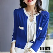 【Jilli~ko】小香風金邊設計通勤時尚針織開衫 J10137 FREE 藍色