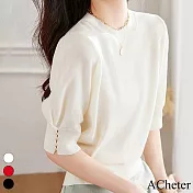 【ACheter】 純色半袖內搭針織衫時尚圓領套頭百搭薄款泡泡5分袖短版上衣 # 116486 FREE 白色