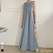 【ACheter】 日韓純色寬鬆無袖掛脖式超大裙擺長版背心棉質連身裙洋裝 # 116537 FREE 藍色