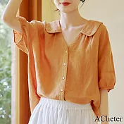 【ACheter】 法式亞麻感手工繡娃娃V領襯衫寬鬆短版上衣 # 116648 L 黃色