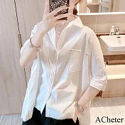 【ACheter】 日韓白色棉襯衫五分短袖休閒百搭中長版上衣# 116657 L 白色