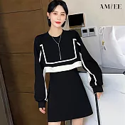 【AMIEE】時尚撞色假兩件連身洋裝(KDDQ-367) L 黑白撞色