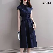 【AMIEE】氣質OL風立體剪裁襯衫洋裝(KDD-6454) L 藏青色