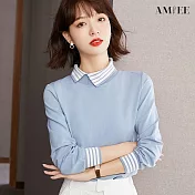 【AMIEE】翻領拼接時尚七分袖上衣(KDT-6019) 2XL 淺藍色