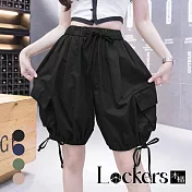 【Lockers 木櫃】春季五分闊腿抽繩工裝褲 L112032703 XL 黑色XL