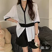 【Jilli~ko】韓版時尚V領拼接條紋設計感上衣 J10224 FREE 黑色