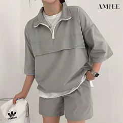 【AMIEE】率性時尚翻領運動套裝(男女款/KDA─078) M 灰色