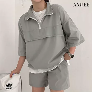 【AMIEE】率性時尚翻領運動套裝(男女款/KDA-078) M 灰色
