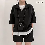 【AMIEE】率性時尚翻領運動套裝(男女款/KDA-078) 3XL 黑色