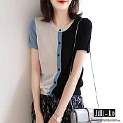 【Jilli~ko】氣質撞色薄款拼接寬鬆開扣針織衫 J10263  FREE 藍色