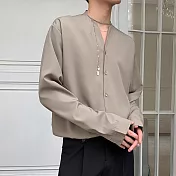 【AMIEE】男神無領滑料長袖襯衫(男裝/KDTY-119) XL 卡其