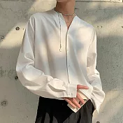 【AMIEE】男神無領滑料長袖襯衫(男裝/KDTY-119) XL 白色