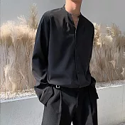 【AMIEE】男神無領滑料長袖襯衫(男裝/KDTY-119) XL 黑色