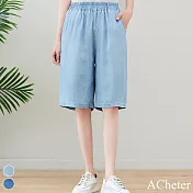 【ACheter】 冰天絲牛仔薄款寬鬆柔軟直筒鬆緊腰五分褲顯瘦闊腿牛仔短褲 # 116718 M 藍色