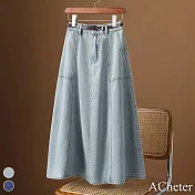 【ACheter】 A字大擺牛仔藏青色顯瘦長裙附腰帶 # 116731 M 藍色