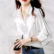 【MsMore】 線條設計韓版氣質簡約撞色七分袖百搭襯衫寬鬆短版上衣 # 116763 M 白色