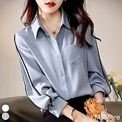 【MsMore】 線條設計韓版氣質簡約撞色七分袖百搭襯衫寬鬆短版上衣 # 116763 M 藍色
