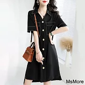 【MsMore】 時尚簡約韓版撞色翻領寬鬆顯瘦短袖連身裙中長版洋裝 # 116594 2XL 黑色