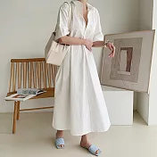 【ACheter】 韓式純色寬鬆顯瘦半系扣翻領棉襯衫長連身裙五分短袖洋裝 # 116650 FREE 白色