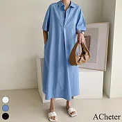 【ACheter】 韓式純色寬鬆顯瘦半系扣翻領棉襯衫長連身裙五分短袖洋裝 # 116650 FREE 藍色