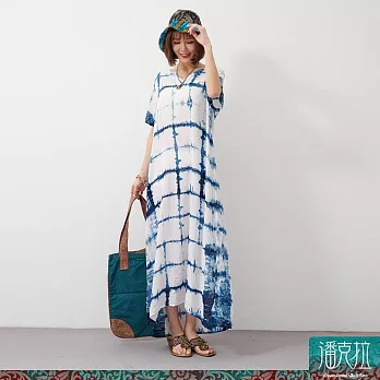 潘克拉 | 藍染方格幾何壓紋夏季縲縈連衣裙 TM1377  FREE 藍色
