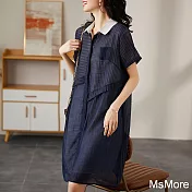 【MsMore】 翻領條紋撞色拼接寬鬆顯瘦休閒短袖連身中長版洋裝 # 116499 L 藏青