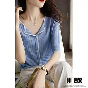 【Jilli~ko】V領翻領造型坑條冰絲針織衫 J10337 FREE 藍色
