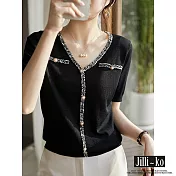 【Jilli~ko】小香風粗花呢簇絨珍珠扣針織衫 J10295 FREE 黑色
