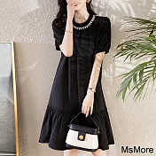 【MsMore】 名媛褶皺網紗拼接黑色氣質顯瘦圓領連身裙中長版洋裝 # 116500 S 黑色