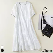 【ACheter】 韓版簡約高工藝圓領提花剪花圓領短袖連身裙中長版洋裝 # 116822 M 白色