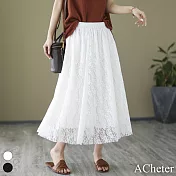 【ACheter】 蕾絲純色寬鬆高腰鬆緊百搭顯瘦大擺A字長裙 # 116823 M 白色
