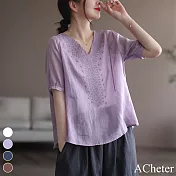 【ACheter】 原創文藝復古天絲麻感刺繡短袖棉麻寬鬆V領短版上衣 # 116834 L 紫色