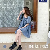 【Lockers 木櫃】春季方領泡泡袖牛仔連衣裙 L112041005 M 藍色M