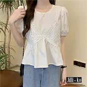 【Jilli~ko】蕾絲拼貼造型泡泡袖氣質娃娃衫 J10081 FREE 白色
