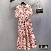 【Jilli~ko】V領棉花圖案包扣泡泡袖高腰連衣裙 J10362 FREE 紅色
