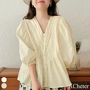 【ACheter】 棉風琴V領燈籠七分袖蕾絲拼接寬鬆純色襯衫短版上衣# 116863 L 黃色