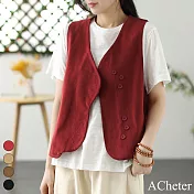 【ACheter】 棉痳無袖坎肩百搭外搭顯瘦背心短版外套# 116866 L 紅色