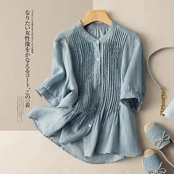 【慢。生活】文藝復古娃娃領褶襇設計寬鬆棉麻襯衫 8268  FREE 藍色