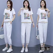 【Jilli~ko】兩件套印花休閒寬鬆抽繩運動套裝 J10036  FREE 白色