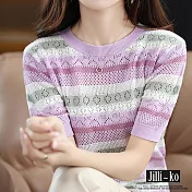 【Jilli~ko】冰絲鏤空撞色條紋百搭圓領針織衫 J10338  FREE 紫色