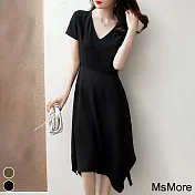 【MsMore】 純色V領不對稱剪裁設計感連身裙V領短袖長版洋裝 # 116879 M 黑色