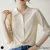 【ACheter】 清涼一夏 紗線翻領五分中短袖通勤針織開衫空調衫寬鬆百搭上衣# 116984 FREE 白色