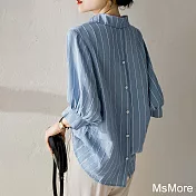 【MsMore】 造型感率性灑脫後開襟燈籠七分袖不規則藍色條紋寬鬆襯衫中長版上衣# 116987 M 藍色