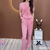 【MsMore】 粉色小香風運動套裝亮片刺繡連帽短袖長褲兩件式套裝# 116991 XL 粉紅色